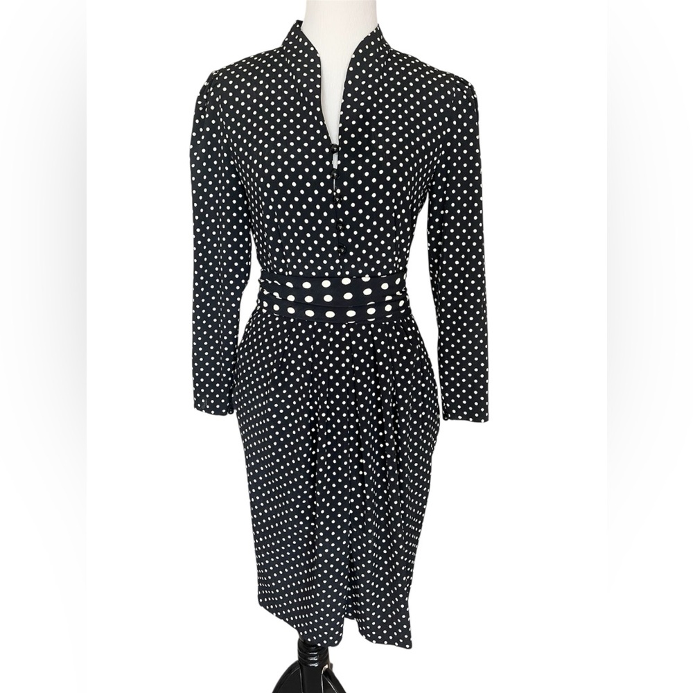 Vintage Liz Claiborne Dark Navy and Cream Polka Dot Dress Belt Long Sleeves 8P